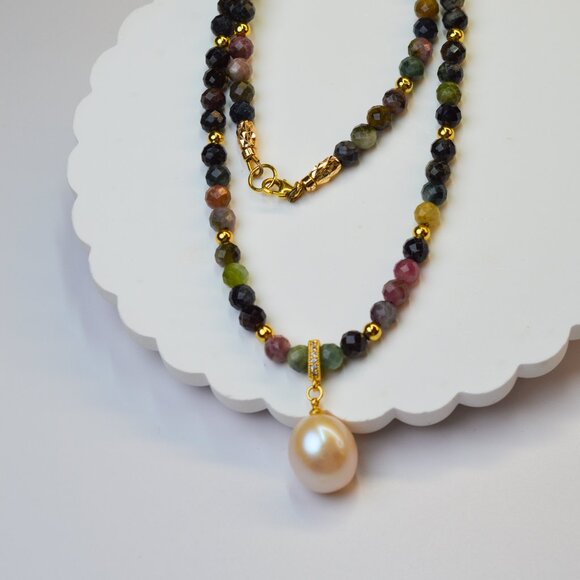 Tourmaline & King Size Edison Pearl Pendant Necklace 19" - Picture 8 of 11